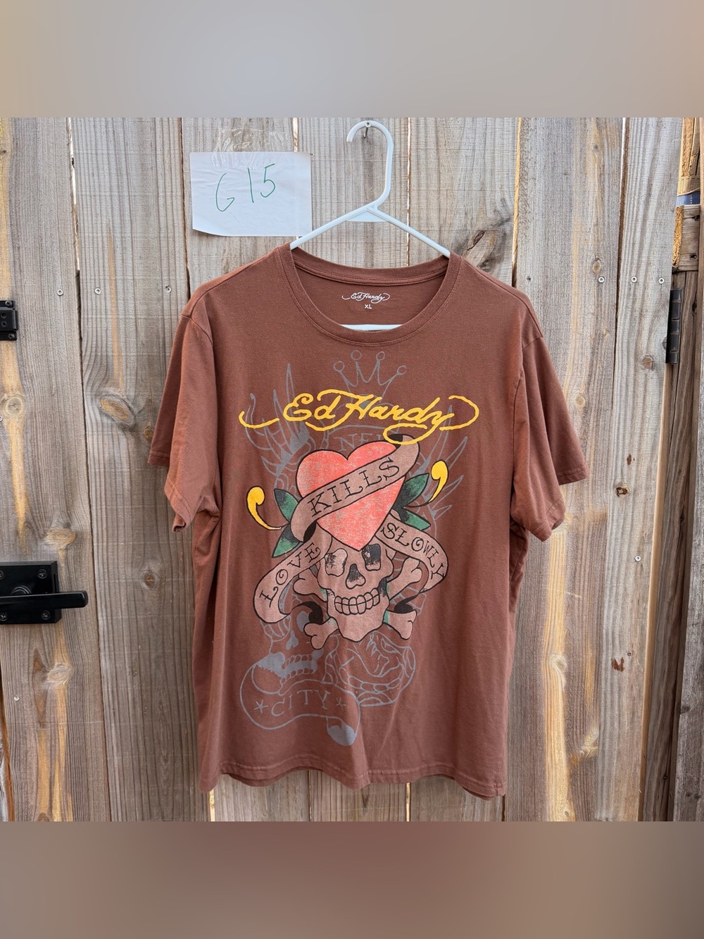 Ed Hardy Rust Brown Logo Crewneck Tee Size XL